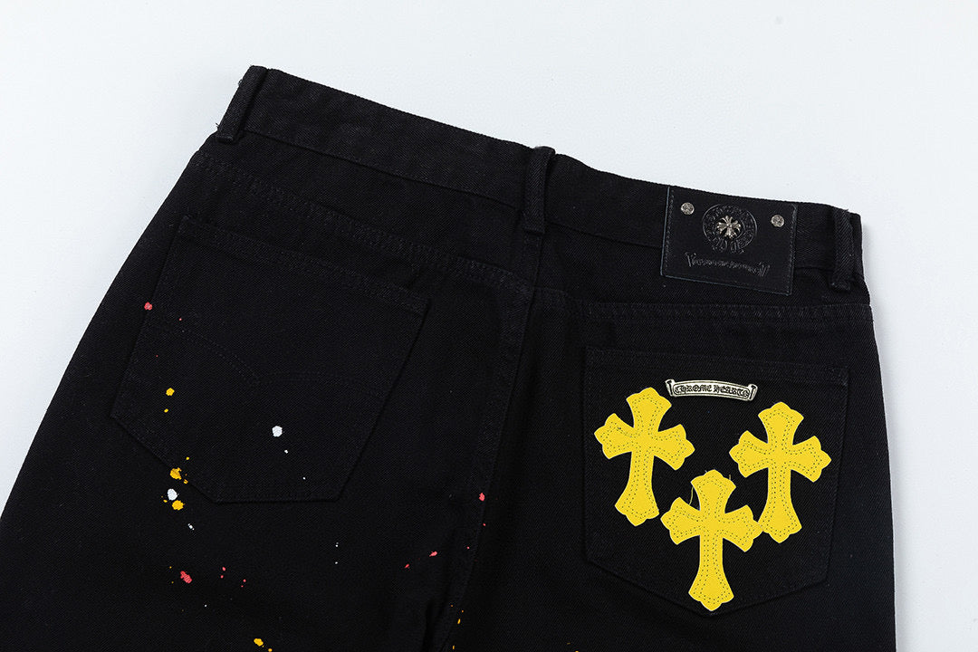 CHROME HEARTS PAINT DRIP YELLOW CROSS PATCH JEANS BLACK