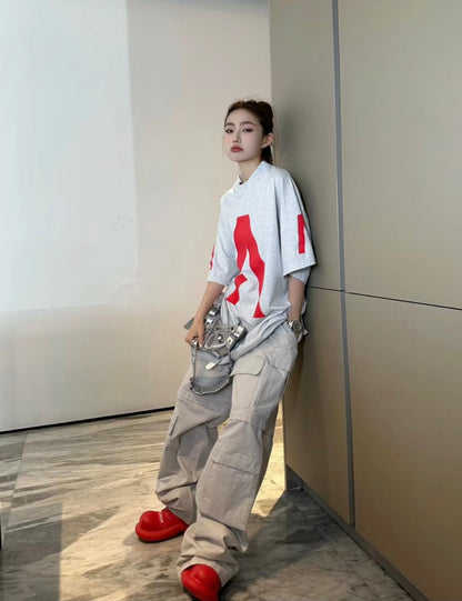 Balenciaga Red Logo Graphic T-Shirt (Gray)