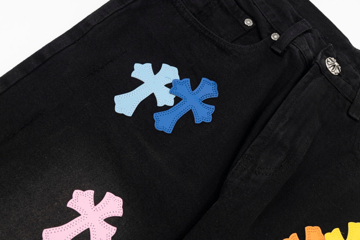 CHROME HEARTS MULTICOLOR CROSS PATCH JORTS BLACK