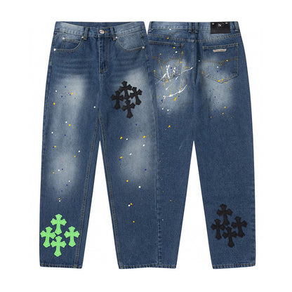 CHROME HEARTS GREEN CROSS PATCH JEANS DENIM