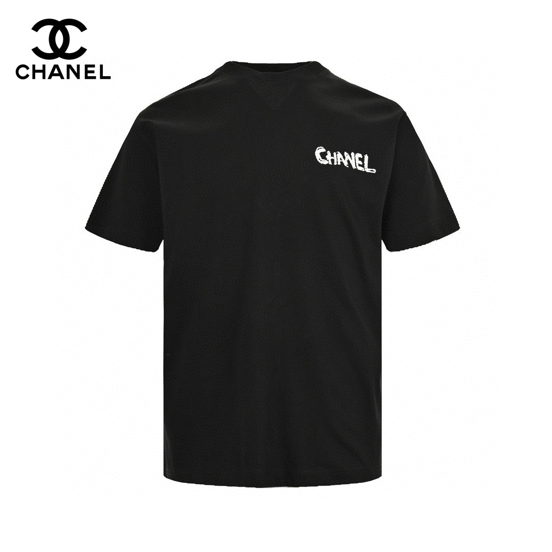 Chanel Pink Splash Logo Black T-Shirt