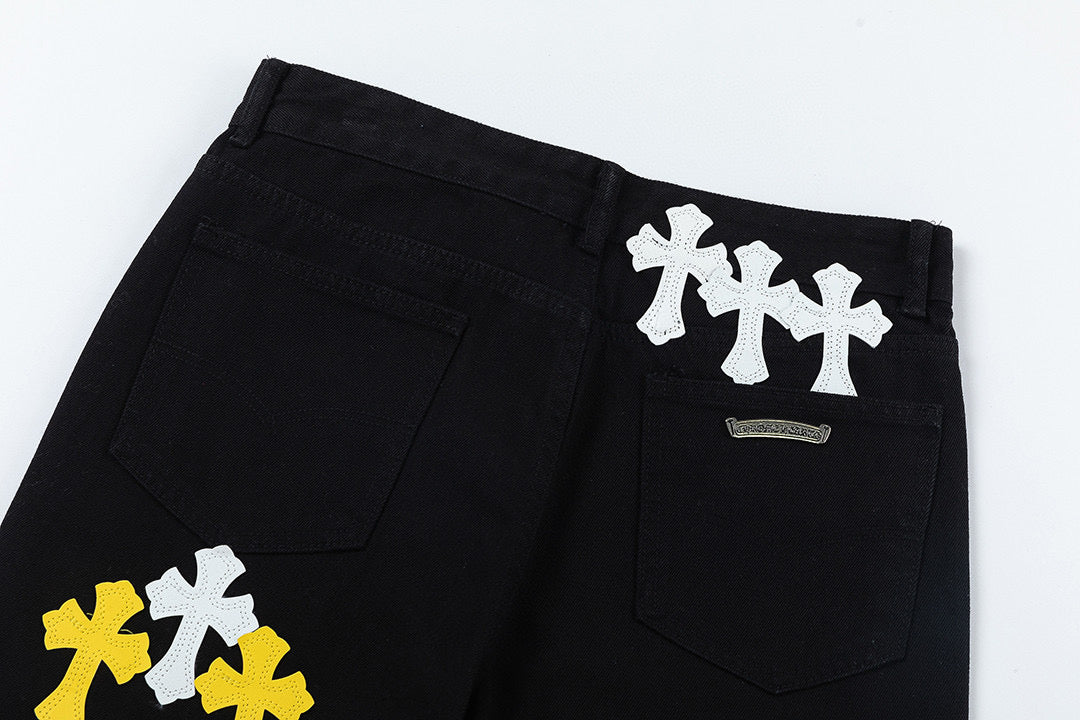 CHROME HEARTS WHITE YELLOW CROSS PATCH JEANS BLACK