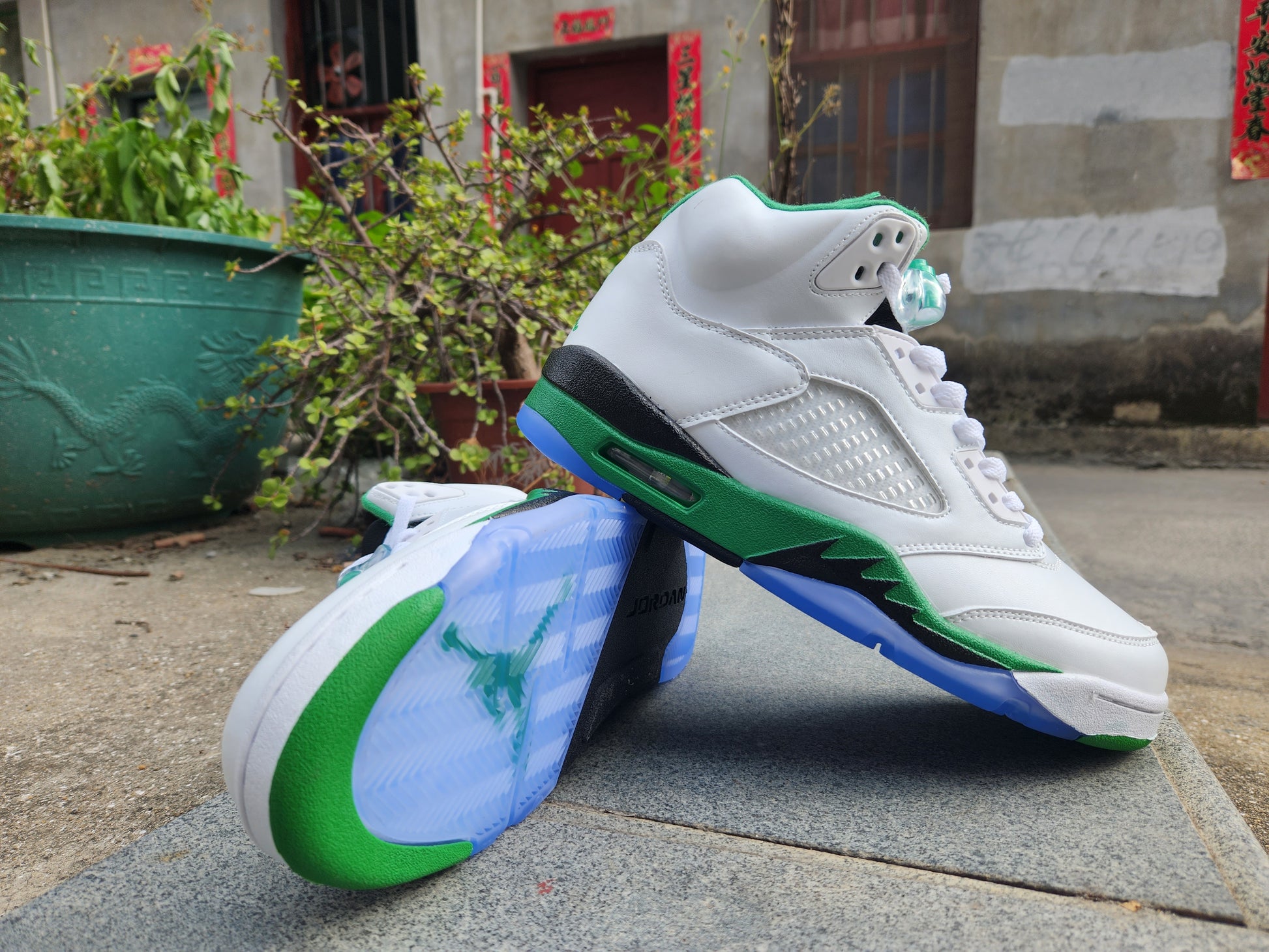 Jordan 5 white, green and black