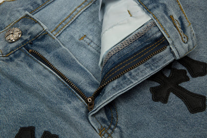 CHROME HEARTS BLACK CROSS PATCH JORTS WASHED DENIM