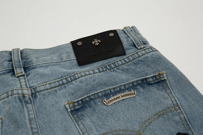 CHROME HEARTS BLACK CROSS PATCH JORTS WASHED DENIM