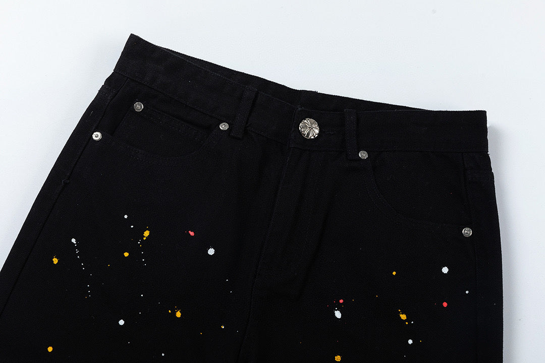 CHROME HEARTS PAINT DRIP YELLOW CROSS PATCH JEANS BLACK