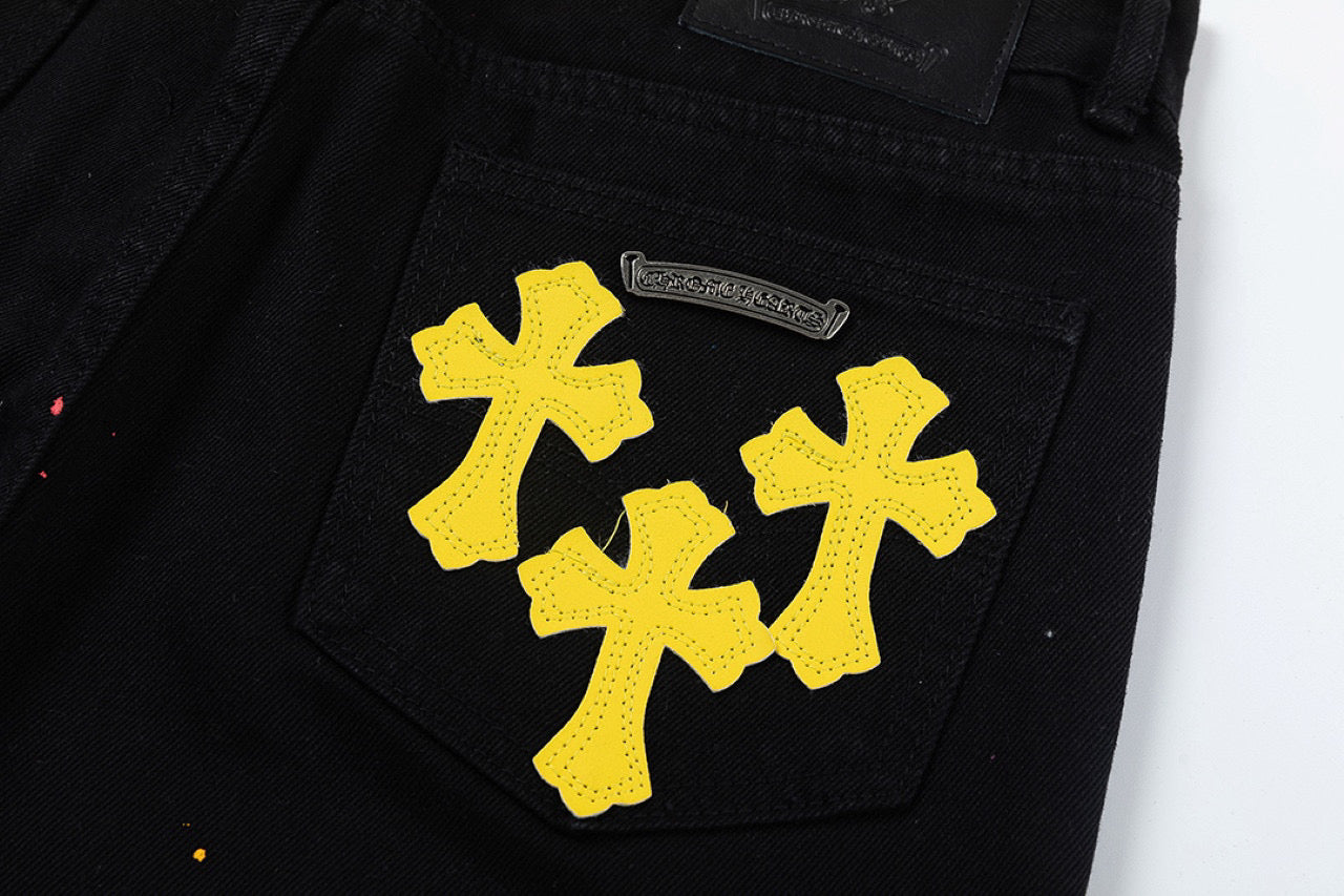 CHROME HEARTS PAINT DRIP YELLOW CROSS PATCH JEANS BLACK