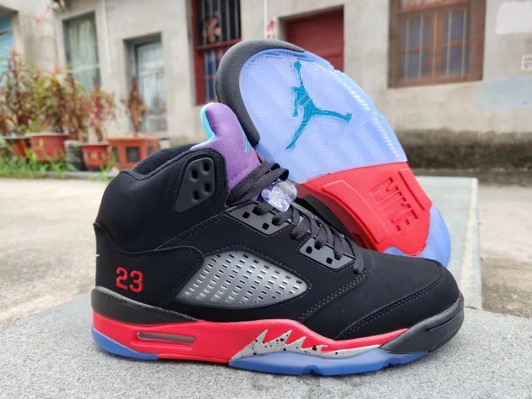 Jordan 5 black, red and purple