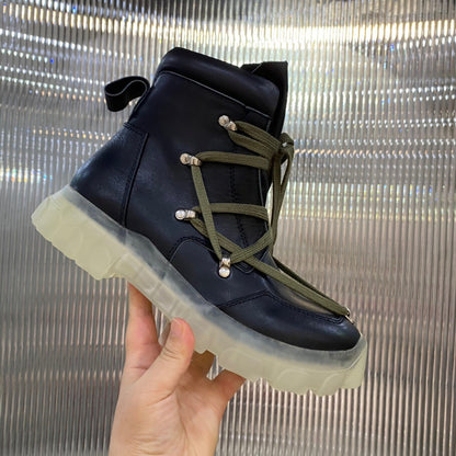 Rick Owens Combat Boots - Black Leather with Olive Laces and Translucent Sole