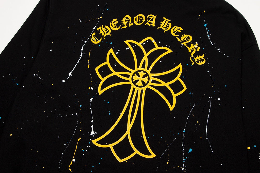 CHROME HEARTS PAINT DRIP YELLOW CROSS SWEATSHIRT BLACK