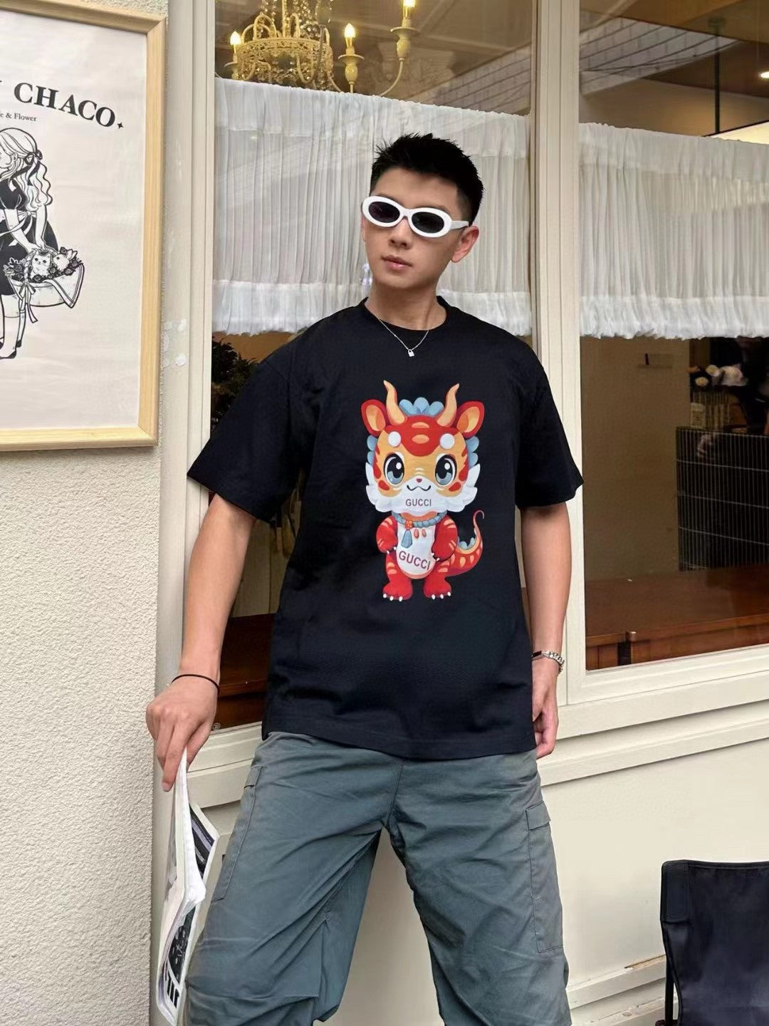 Gucci Black T-Shirt with Dragon Cartoon