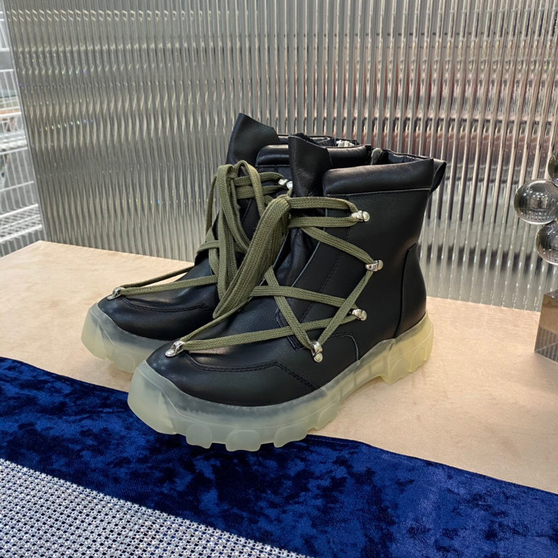 Rick Owens Combat Boots - Black Leather with Olive Laces and Translucent Sole