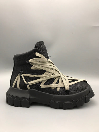 Rick Owens Black High-Top Sneakers with Beige Straps