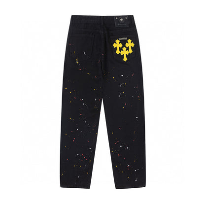 CHROME HEARTS PAINT DRIP YELLOW CROSS PATCH JEANS BLACK