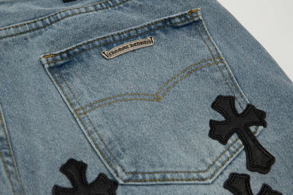 CHROME HEARTS BLACK CROSS PATCH JORTS WASHED DENIM