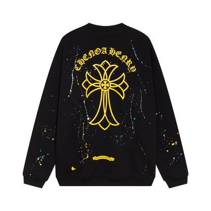 CHROME HEARTS PAINT DRIP YELLOW CROSS SWEATSHIRT BLACK