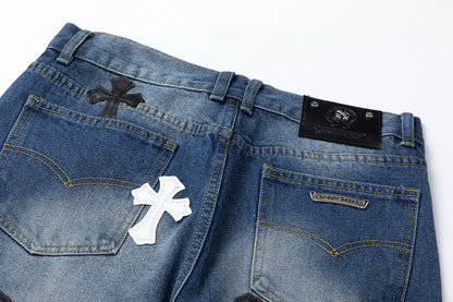 CHROME HEARTS WHITE BLACK CROSS PATCH JEANS DENIM