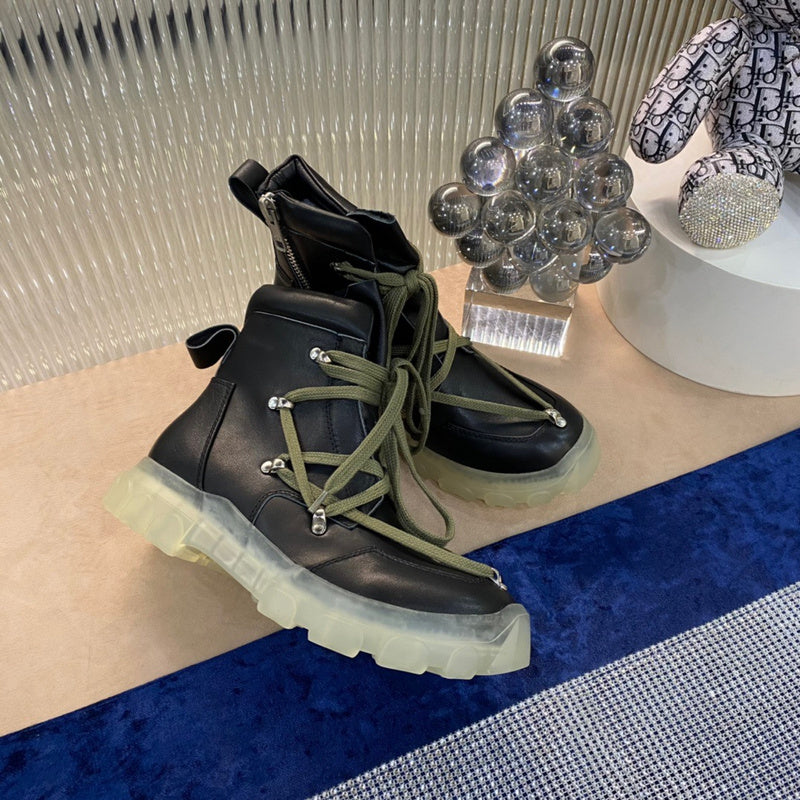 Rick Owens Combat Boots - Black Leather with Olive Laces and Translucent Sole