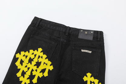 CHROME HEARTS YELLOW CROSS PATCH JEANS BLACK