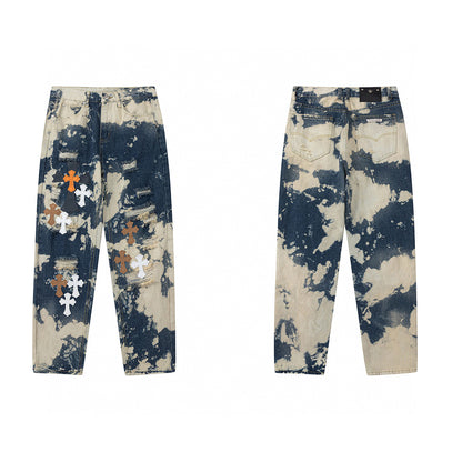 CHROME HEARTS TIE DYE WHITE ORANGE CROSS PATCH JEANS