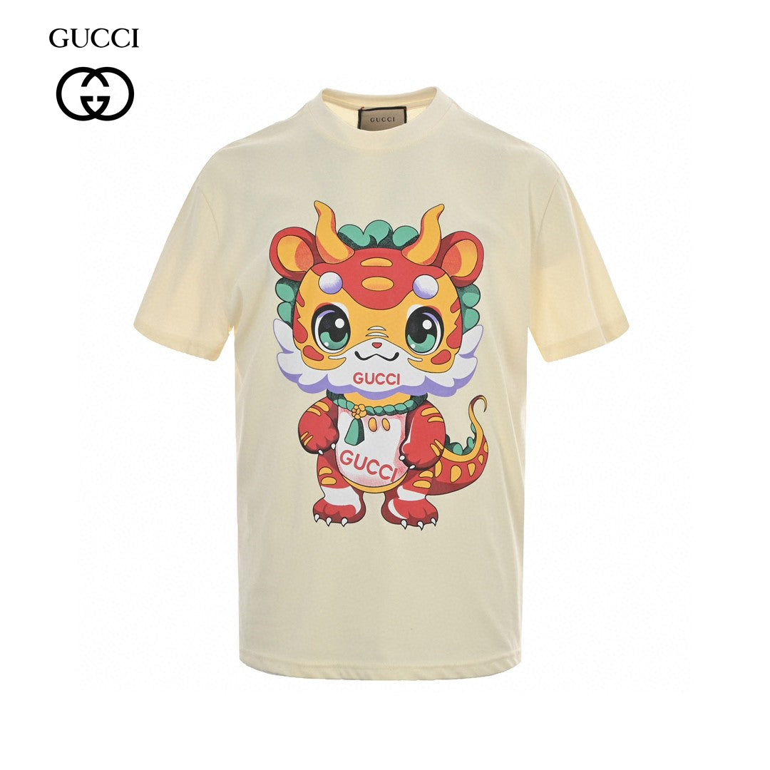 Gucci Cream T-Shirt with Dragon Cartoon