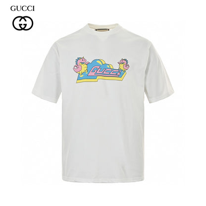 Gucci White T-Shirt with Pink Dinosaur Graphic