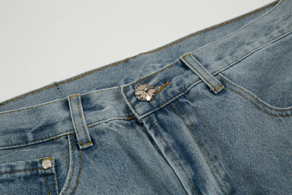 CHROME HEARTS BLACK CROSS PATCH JORTS WASHED DENIM