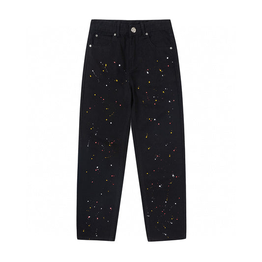 CHROME HEARTS PAINT DRIP YELLOW CROSS PATCH JEANS BLACK