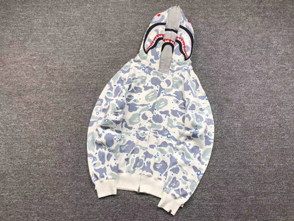 BAPE SPACE CAMO DOUBLE SHARK FULL ZIP HOODIE WHITE