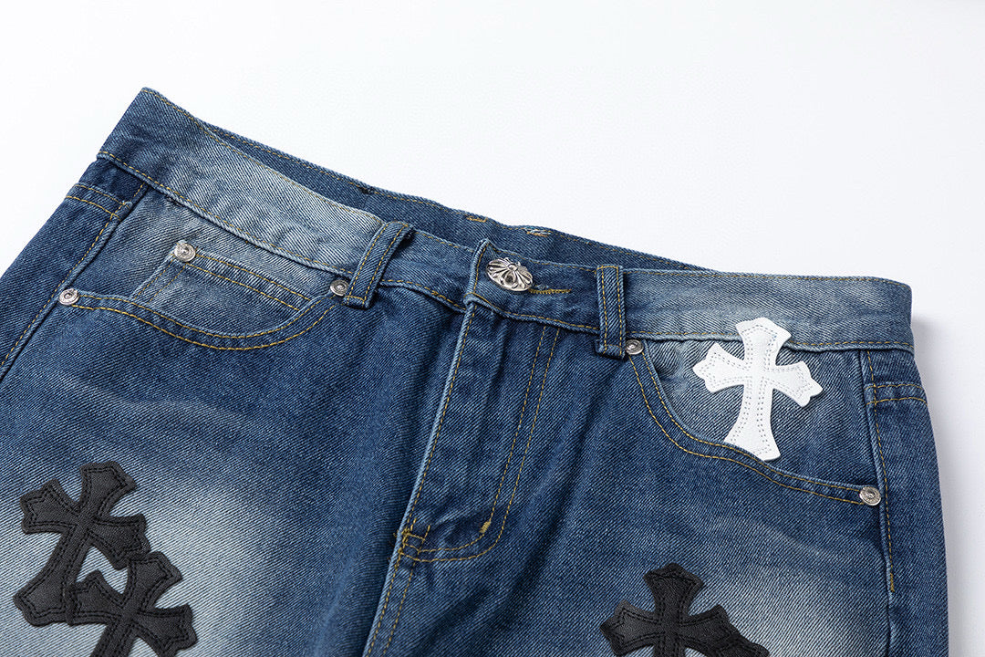 CHROME HEARTS WHITE BLACK CROSS PATCH JEANS DENIM