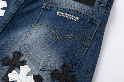 CHROME HEARTS WHITE BLACK CROSS PATCH JEANS DENIM