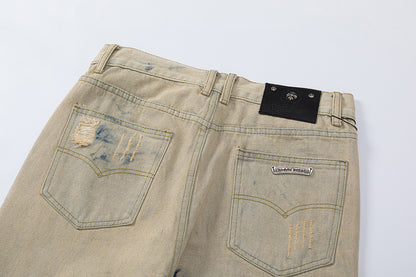 CHROME HEARTS ORANGE BROWN CROSS PATCH JEANS BEIGE