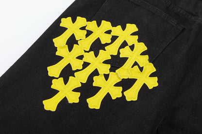 CHROME HEARTS YELLOW CROSS PATCH JEANS BLACK