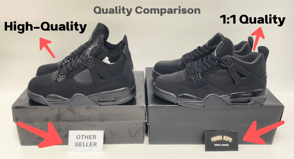 Load video: Jordan 4 black cat reps comparison video