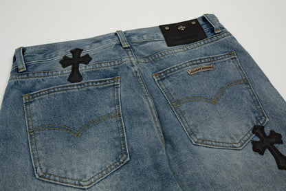 CHROME HEARTS CROSS PATCH BLACK EDGE JORTS WASHED DENIM