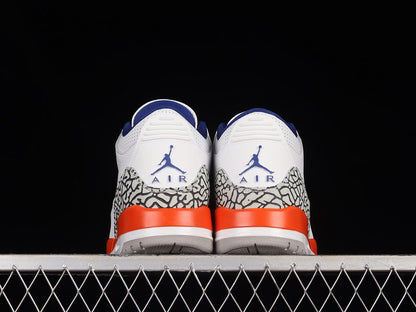 AIR JORDAN 3 RETRO KNICKS WHITE/OLD ROYAL - UNIVERSITY ORANGE - TECH GREY - Prime Reps