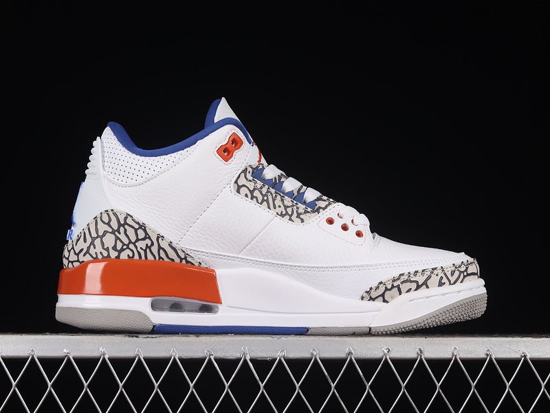 AIR JORDAN 3 RETRO KNICKS WHITE/OLD ROYAL - UNIVERSITY ORANGE - TECH GREY - Prime Reps