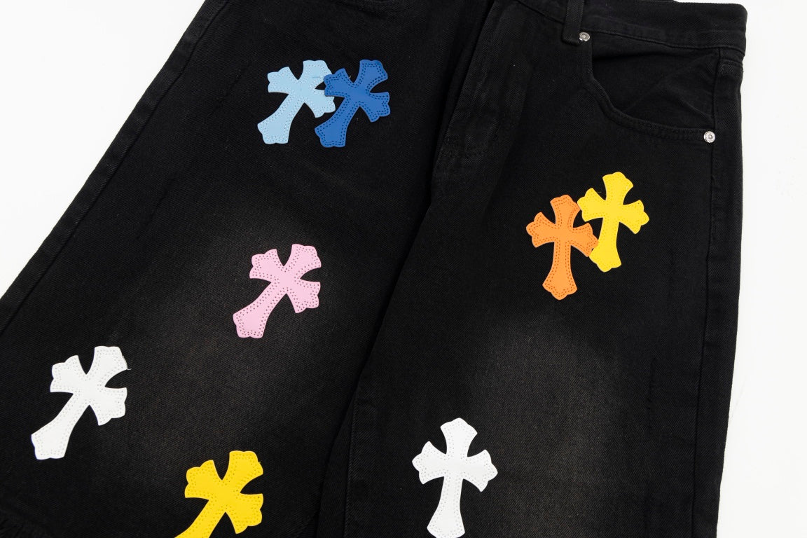 CHROME HEARTS MULTICOLOR CROSS PATCH JORTS BLACK