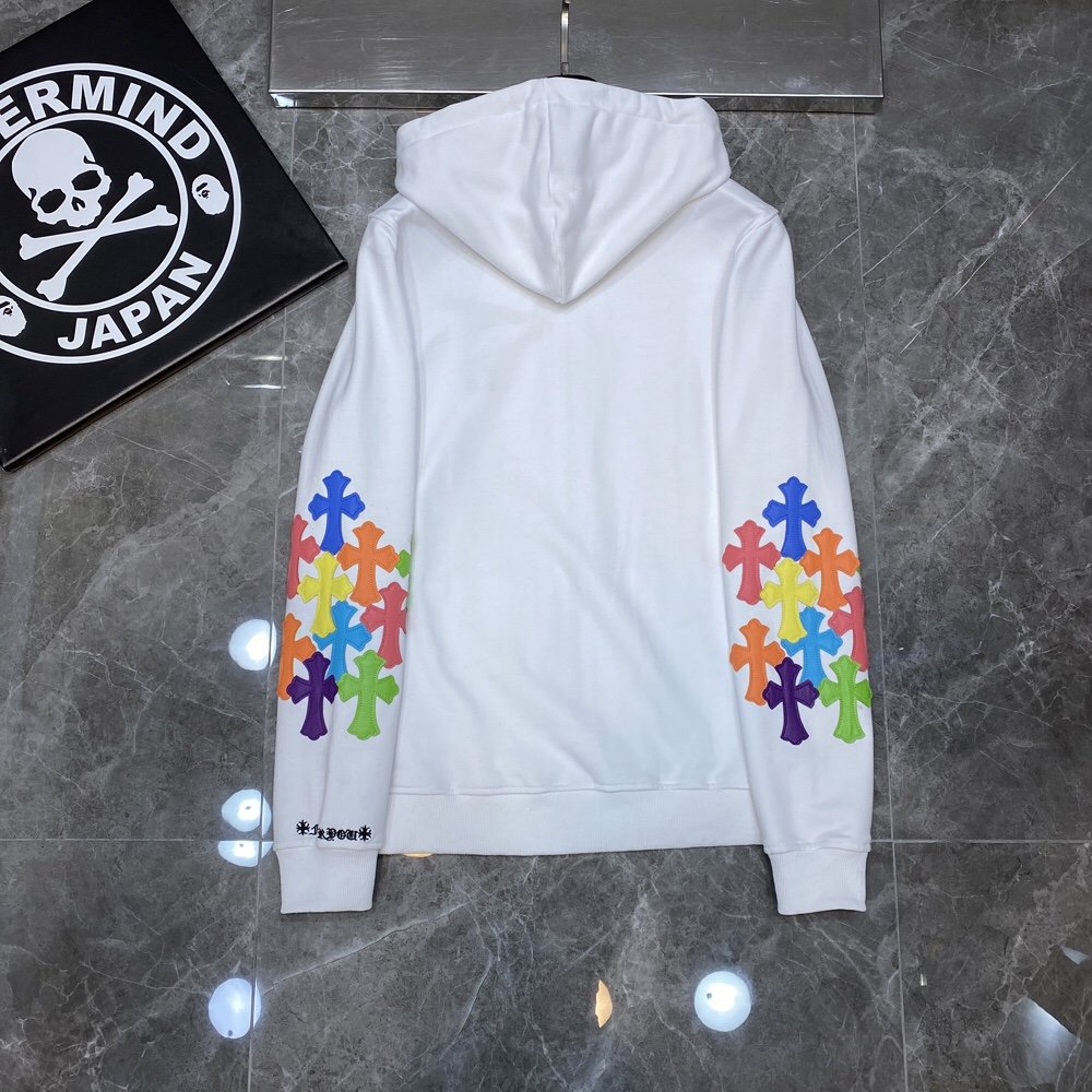 CHROME HEARTS MULTICOLOR CROSS PATCH ZIPPER HOODIE WHITE