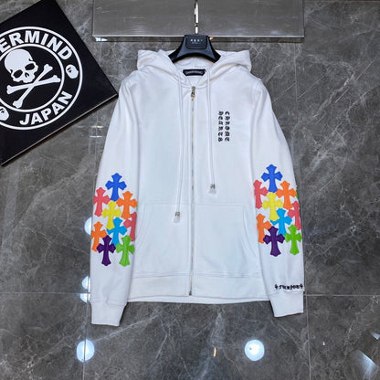 CHROME HEARTS MULTICOLOR CROSS PATCH ZIPPER HOODIE WHITE