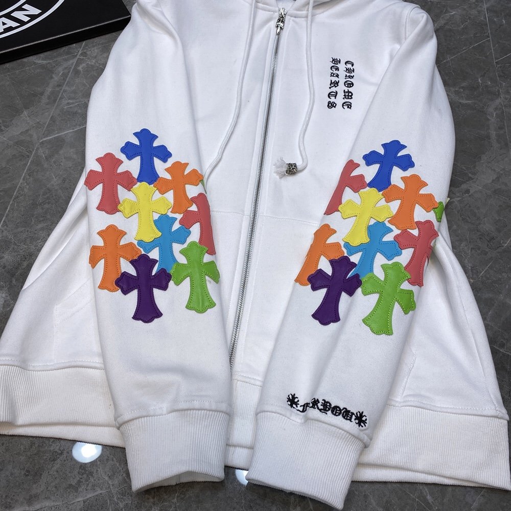 CHROME HEARTS MULTICOLOR CROSS PATCH ZIPPER HOODIE WHITE