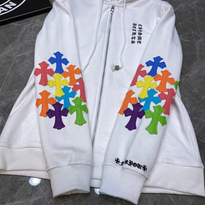 CHROME HEARTS MULTICOLOR CROSS PATCH ZIPPER HOODIE WHITE