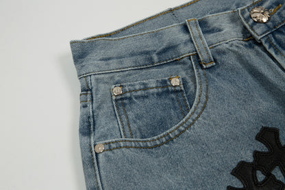 CHROME HEARTS BLACK CROSS PATCH JORTS WASHED DENIM