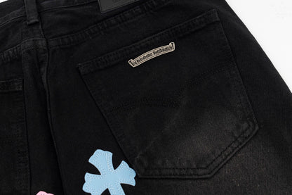 CHROME HEARTS MULTICOLOR CROSS PATCH JORTS BLACK