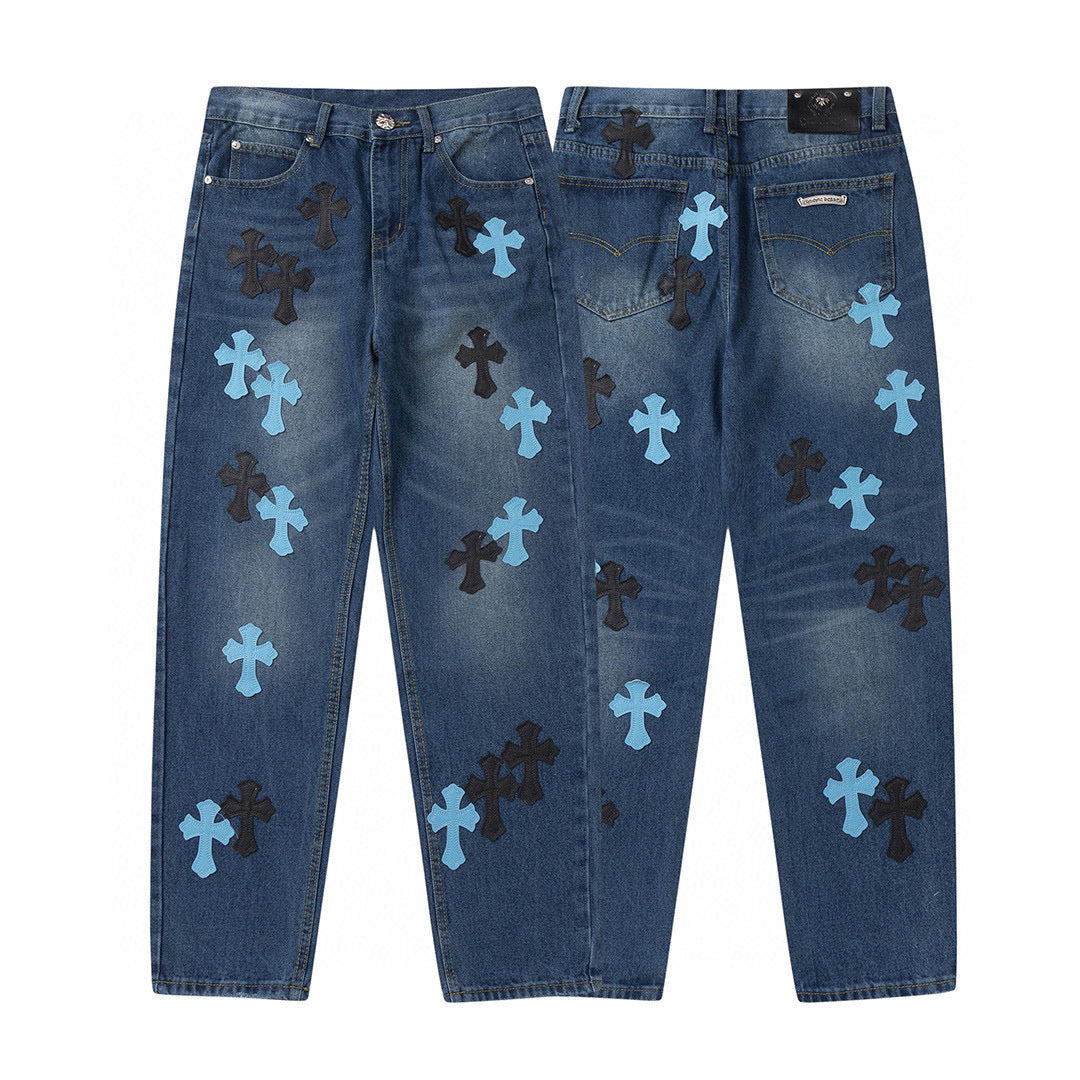 CHROME HEARTS BLUE CROSS PATCH JEANS DENIM