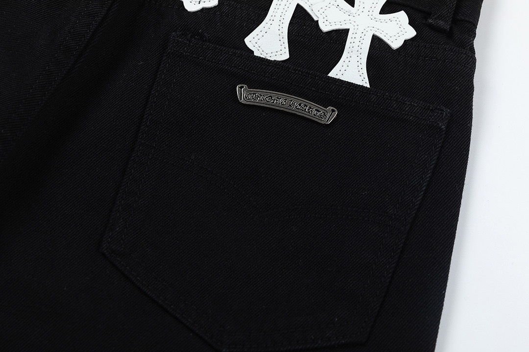 CHROME HEARTS WHITE YELLOW CROSS PATCH JEANS BLACK