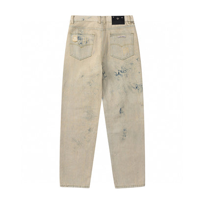 CHROME HEARTS ORANGE BROWN CROSS PATCH JEANS BEIGE