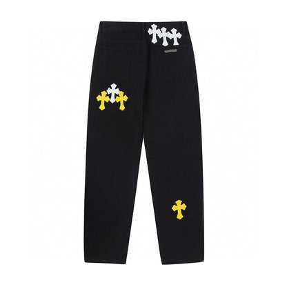 CHROME HEARTS WHITE YELLOW CROSS PATCH JEANS BLACK