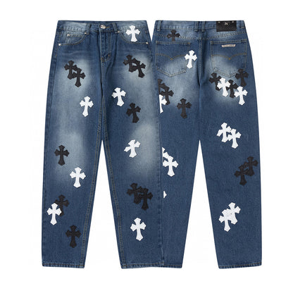 CHROME HEARTS WHITE BLACK CROSS PATCH JEANS DENIM