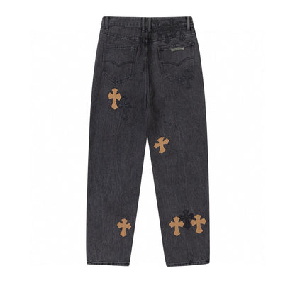 CHROME HEARTS BROWN CROSS PATCH JEANS BLACK